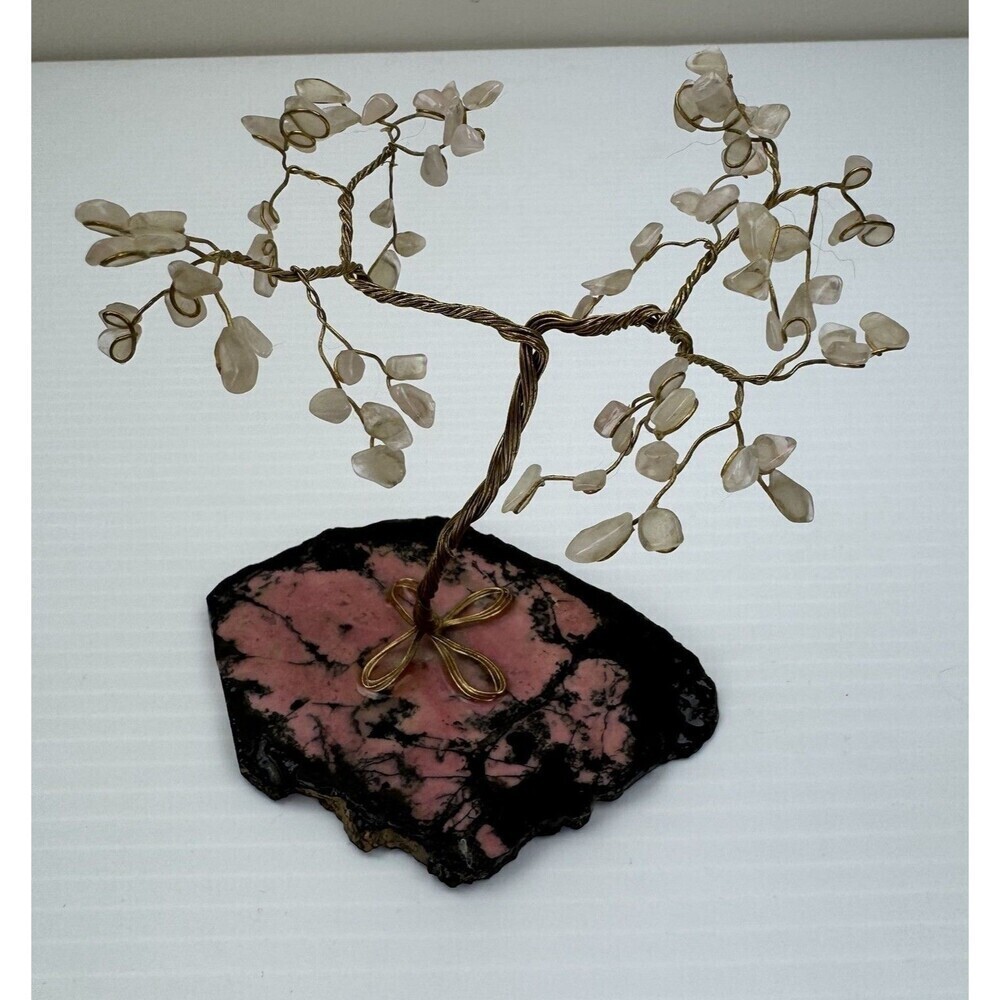 Vintage Quartz Crystal Gemstone Tree Gold Wire Bonsai on Stone Base Decor